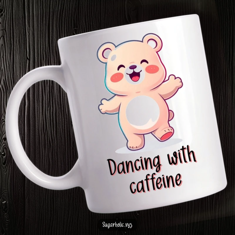 Funny Mug showing a joyful gummy bear character enthusiastically doing a happy dance, radiating pure fun and sweetness.