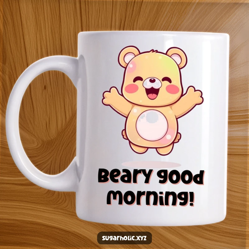Funny gummy bear mug showing a delighted character caught mid-celebratory jump, expressing pure joy and excitement.