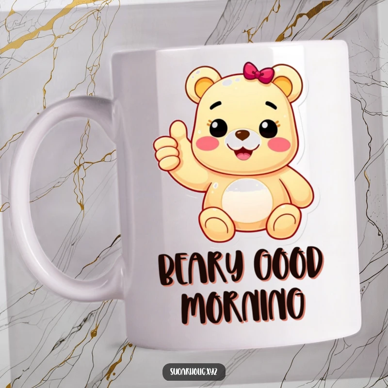 Funny mug featuring a cheerful gummy bear character giving a big, enthusiastic thumbs up, radiating positivity and playful encouragement, perfect for a great start.