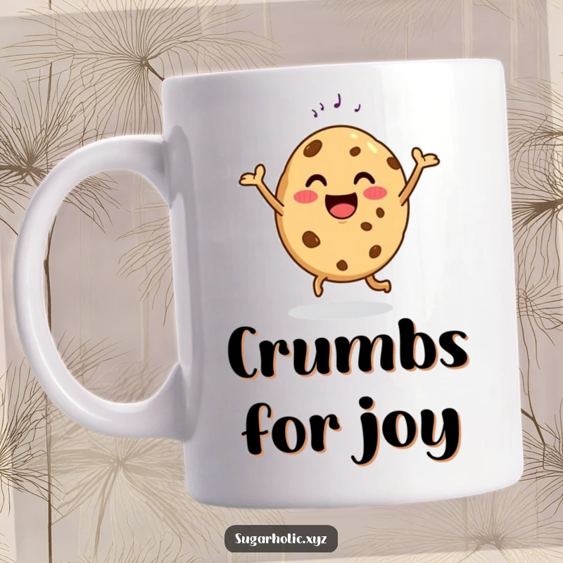 Funny mug showing a happy cookie doing a delighted dance with a sugar sprinkle, bringing cheerful vibes.