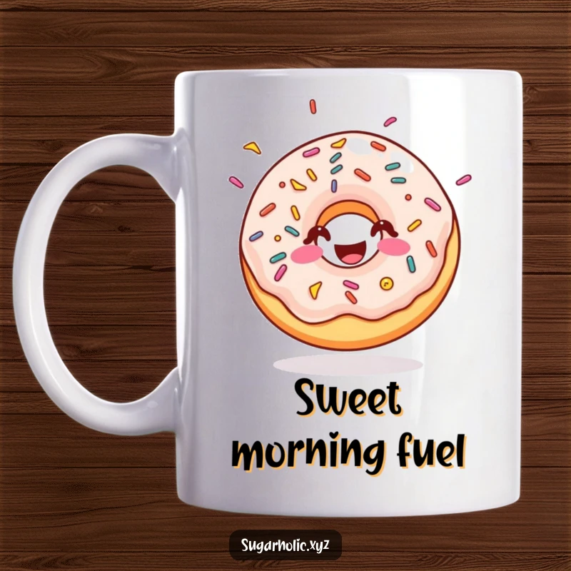 Funny happy doughnut mug with colorful sprinkles, bouncing with pure sugary joy, cheerful and sweet, perfect funny gift.