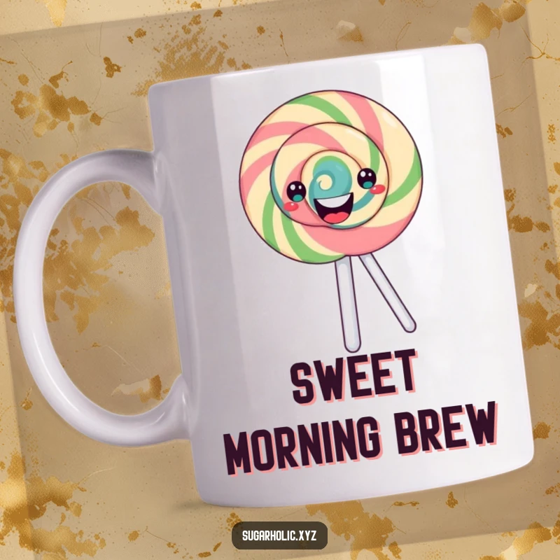 Funny Mug: A happy lollipop with a swirling pattern spinning around, radiating joy and sweetness.
