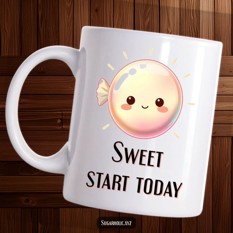 Funny mug featuring a beaming, shimmering hard candy with a radiant smile, exuding pure joy.