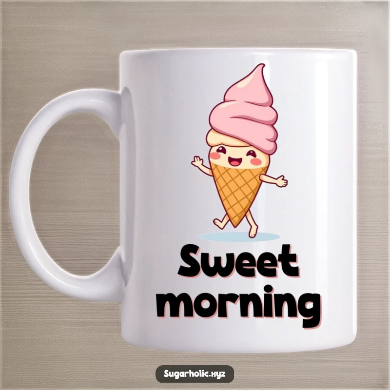 Funny, playful ice cream cone character doing a happy jig, depicted on a humorous coffee mug for sweet lovers.