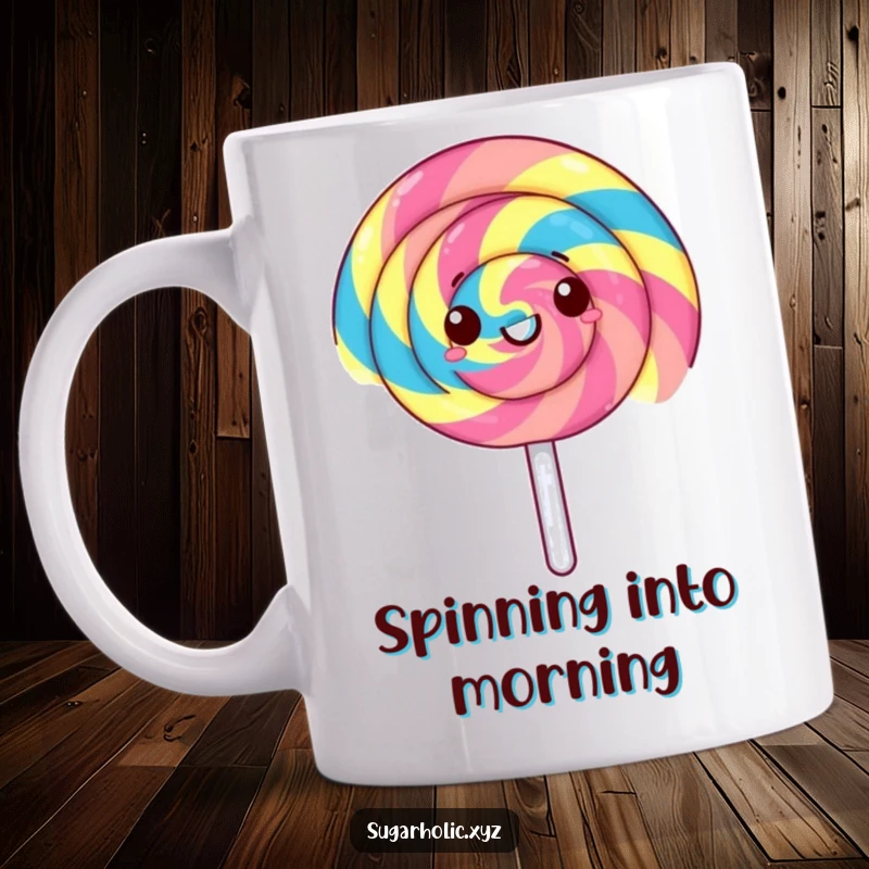 Funny lollipop mug with a gleeful, rainbow-striped lollipop spinning rapidly. Represents fun, energy, and sweetness.