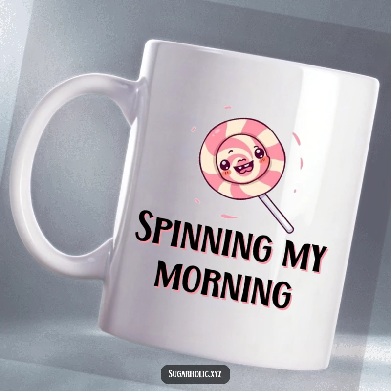 Funny mug featuring a gleeful lollipop character spinning energetically, creating a whirlwind of sugary delight and pure happiness.