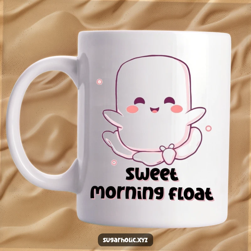Funny mug featuring a cheerful marshmallow character blissfully floating on a sweet, sugary breeze, radiating pure happiness and a love for all things sweet.