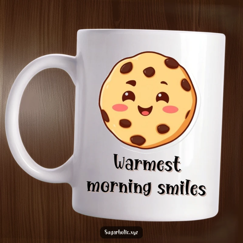 Funny mug featuring a cheerful chocolate chip cookie character with a warm smile, melting with pure happiness.