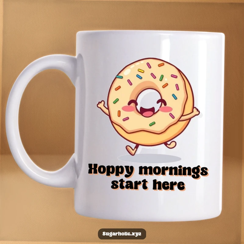 Funny donut mug with a smiling face and colorful sprinkles, captured mid-hop in an expression of pure delight.
