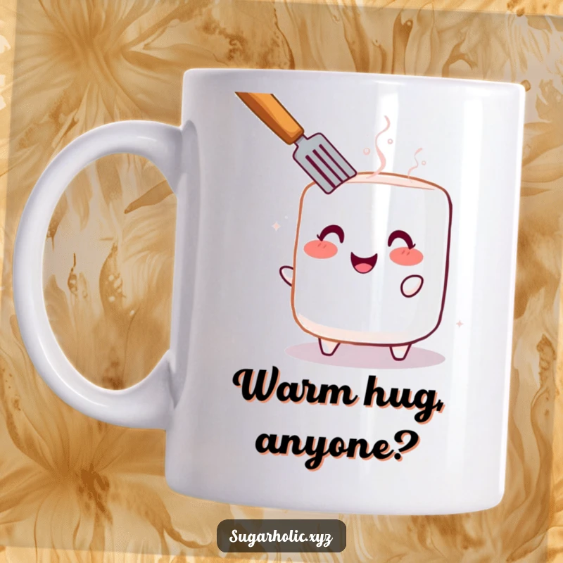 Funny mug featuring a cheerful, rosy-blushed marshmallow being perfectly toasted, radiating warmth and happiness.