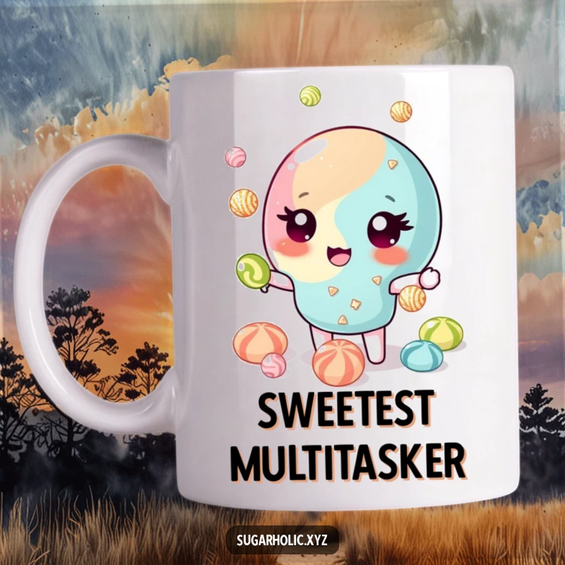 Funny Mug: Winking candy piece skillfully juggling glittering candies, looking playful and talented. Ideal funny gift.