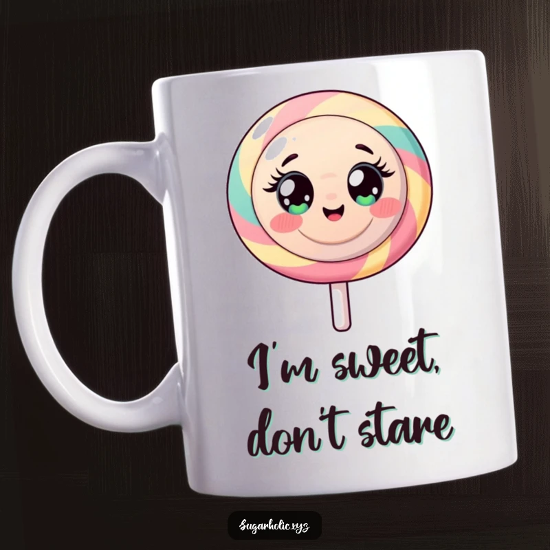 Funny mug featuring a round lollipop character with wide eyes, radiating intense sugary energy and happiness.
