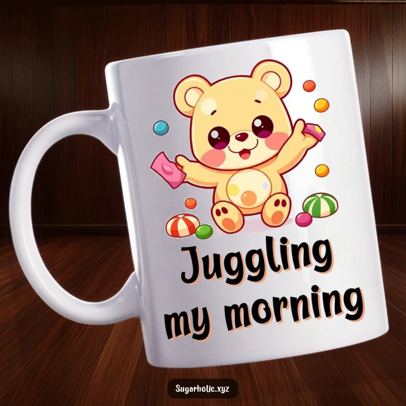 Funny mug featuring a beaming gummy bear with oversized eyes, expertly juggling colorful candies with a joyful expression.