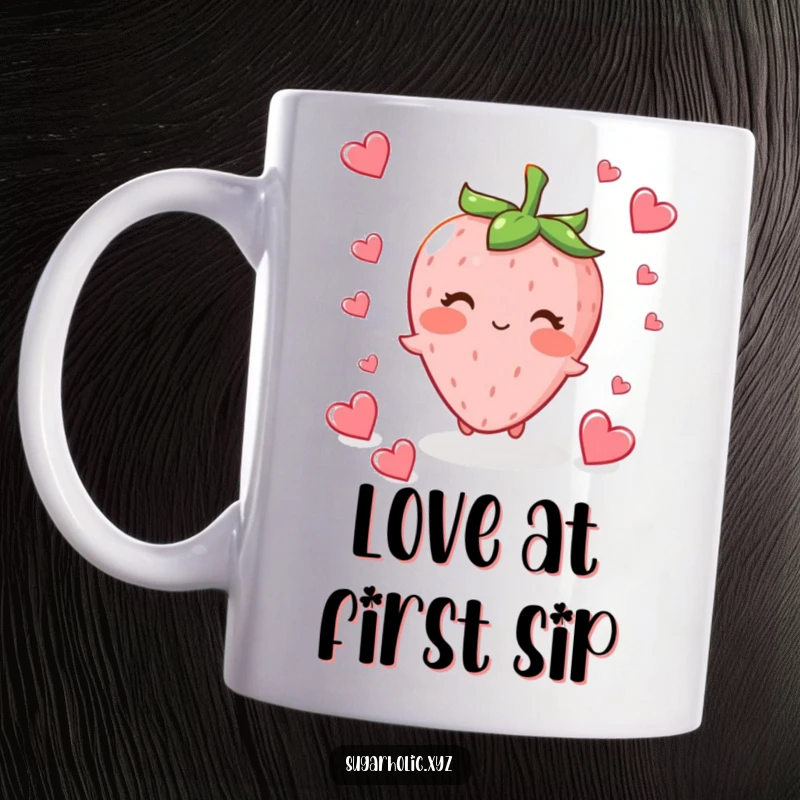 Funny strawberry character blushing and fluttering tiny heart-shaped candies onto a mug, symbolizing love and sweetness.