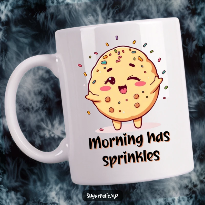 Funny winking cookie character showering generous colorful sprinkles onto a mug, celebrating fun and treats.
