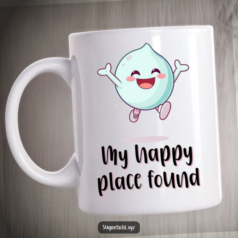 Funny Mug featuring a grinning candy character mid-leap with pure sugary excitement, radiating joy and energy.
