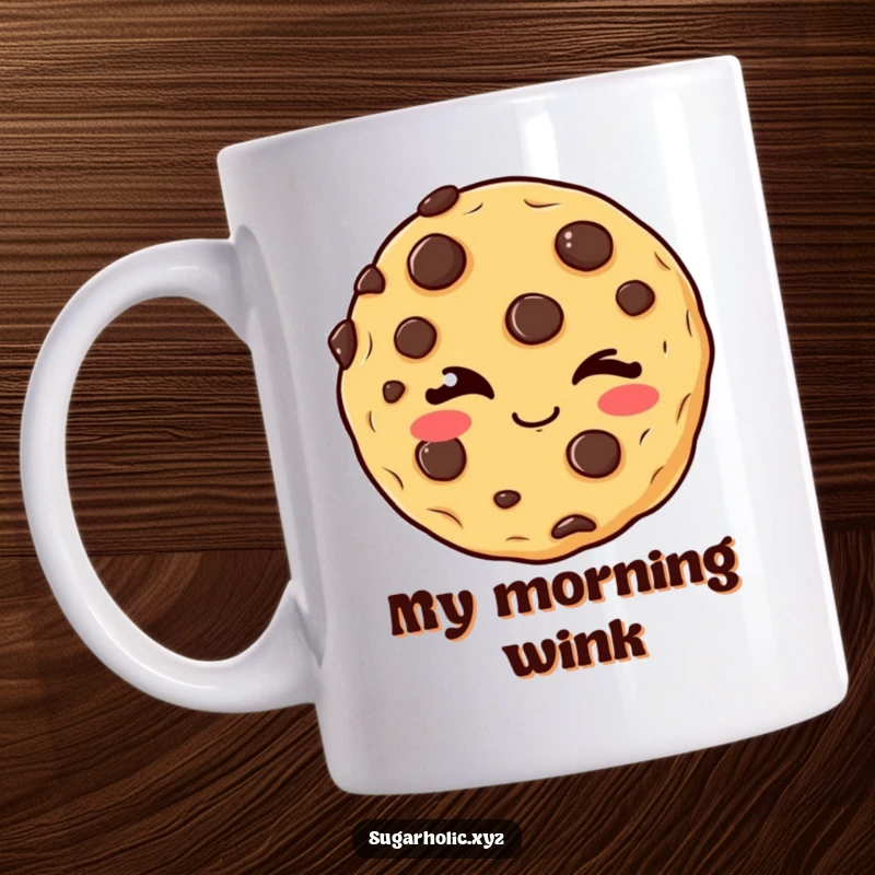 Funny winking cookie mug with chocolate chips, emitting a mischievous delight and charm, perfect for a playful start to the day.