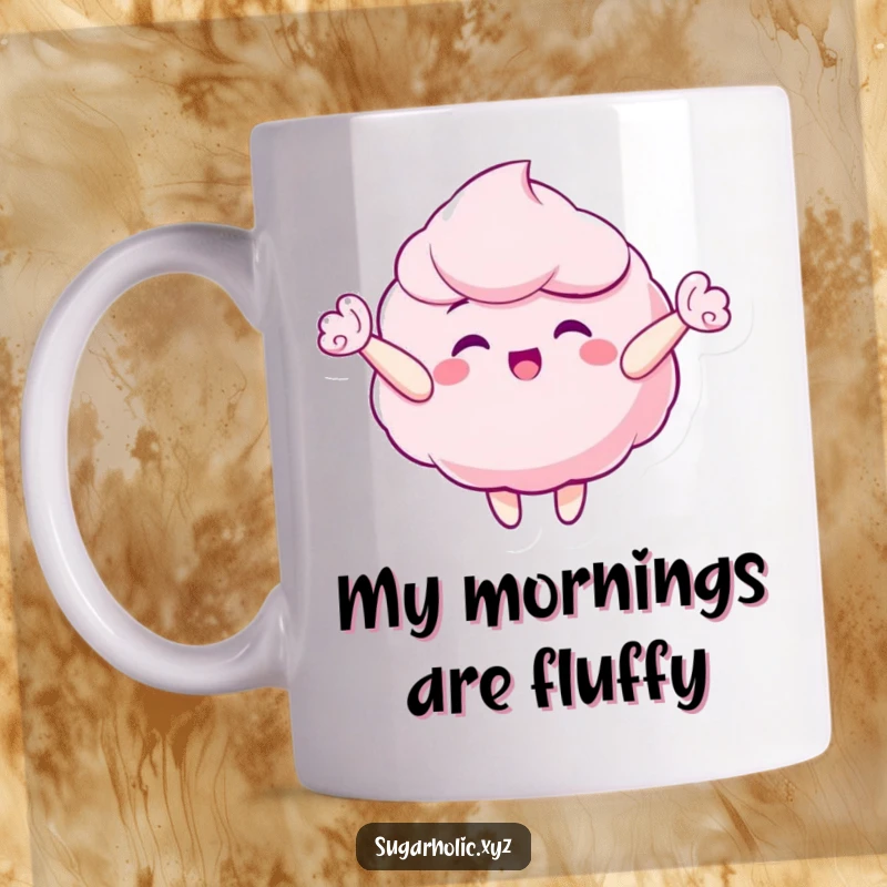 Funny candy floss character mug, gleefully floating upwards, bringing a sense of lighthearted joy and sweetness.