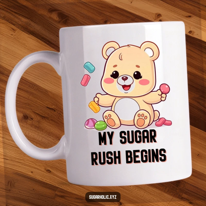 Funny Gummy Bear Mug: A silly gummy bear joyfully juggles colorful candies with a sticky, wide grin, perfect for laughter.