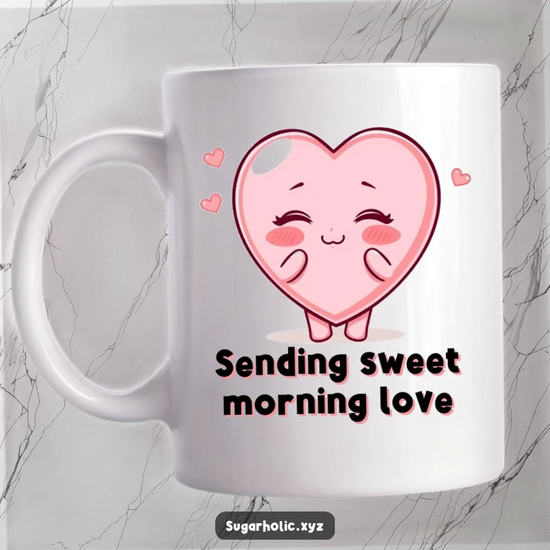 Funny Mug: A candy heart character with rosy cheeks cheerfully blows kisses, radiating love and sweetness.