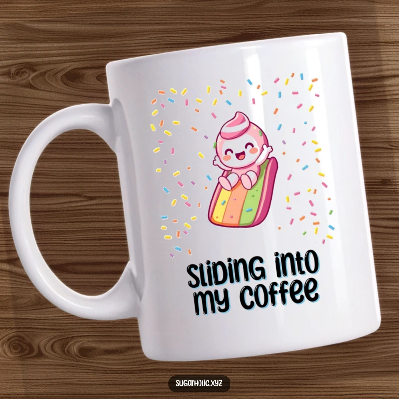 Funny Mug: Candy character gleefully slides down a vibrant rainbow sprinkle slide.