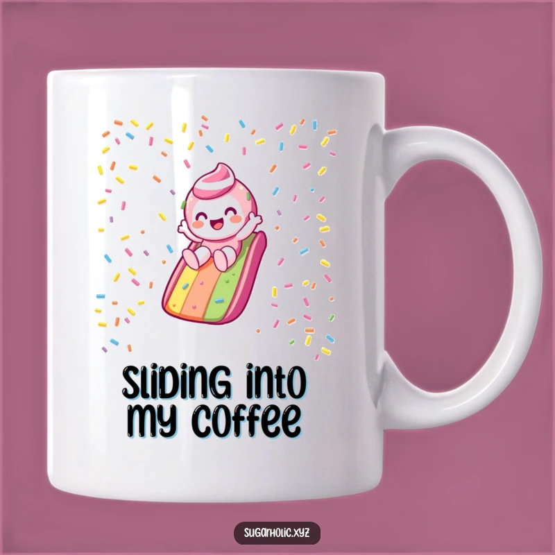 Funny Candy Slide Mug: Gleeful Character on Sprinkle Slide, Perfect Funny Gift