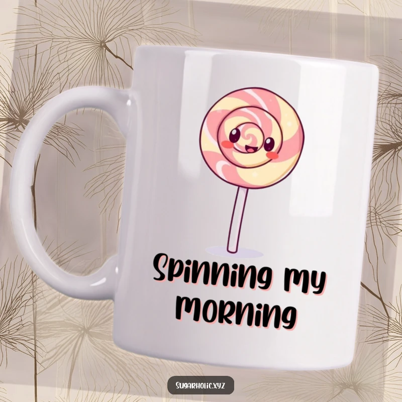 Funny giggling lollipop with a swirl pattern performing a cartwheel on a mug, conveying playful energy and sweet fun.