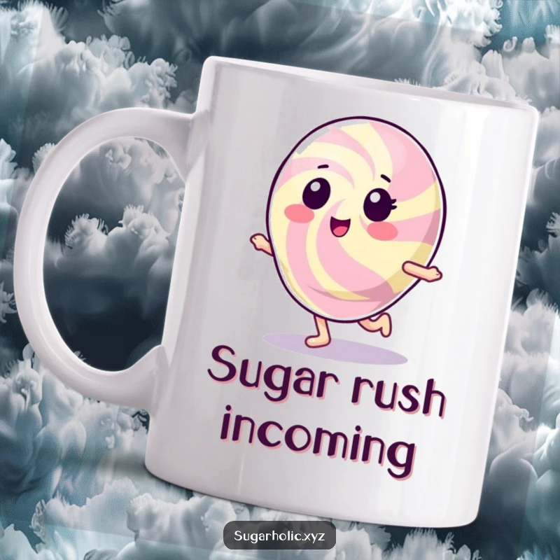 Funny Gumdrop Character Mug: A shiny, happy gumdrop doing a joyful little hop, spreading cheer and sweetness.