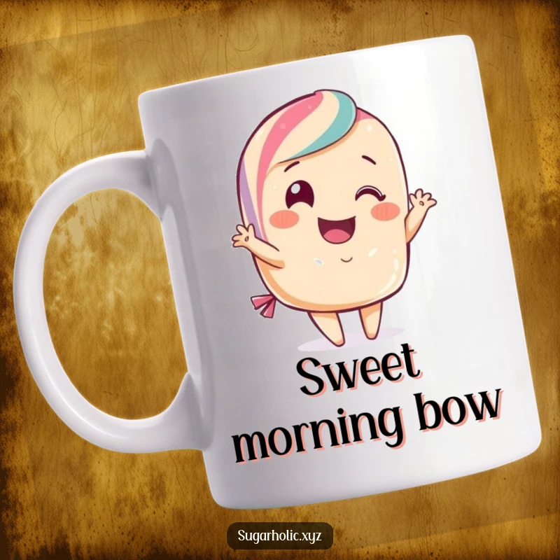 Funny candy mug with a smiling candy character performing a flamboyant curtsy. Represents elegance, sweetness, and a touch of humor.