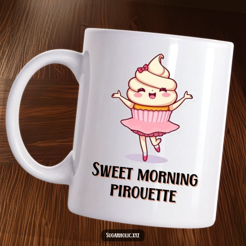 Funny mug featuring a delighted cupcake character performing a graceful ballet twirl, radiating joy and sweet elegance, perfect for a delightful sip.