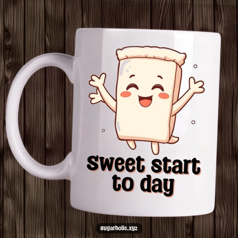 Funny mug featuring a smiling, anthropomorphic sugar packet character leaping high with pure, unadulterated delight and energy.