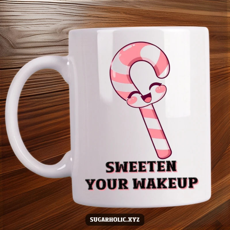 Funny cheerful candy cane mug with a slight bend, winking playfully, festive and charming, perfect funny gift.