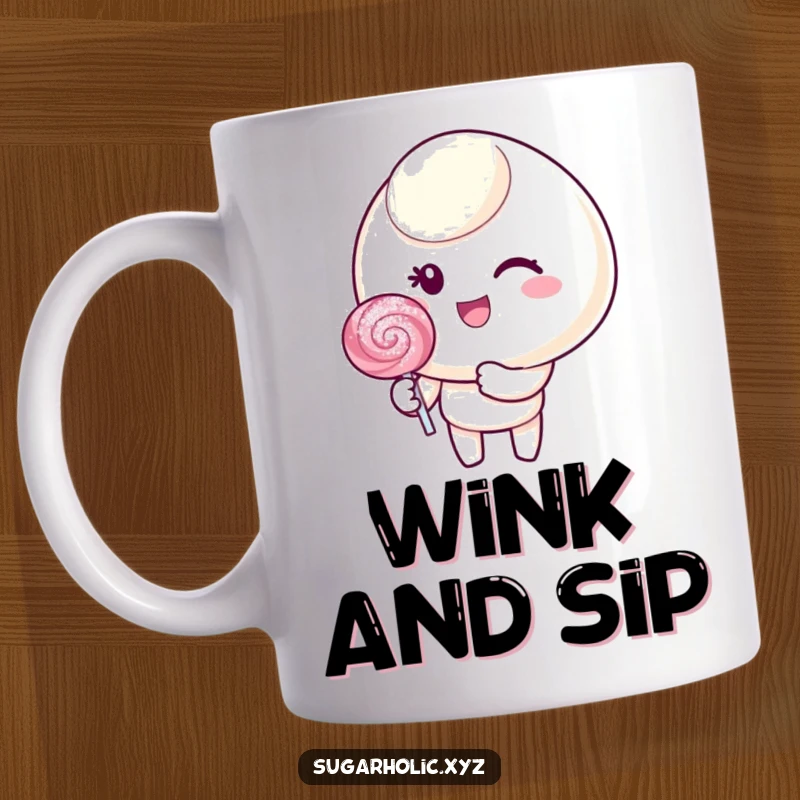 Funny mug featuring a cheerful candy character winking slyly while holding a dazzling, glittering lollipop.