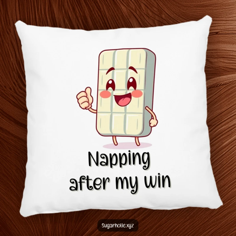 Funny pillow featuring a happy chocolate bar character mid-fist pump, offering a cozy way to celebrate achievements.