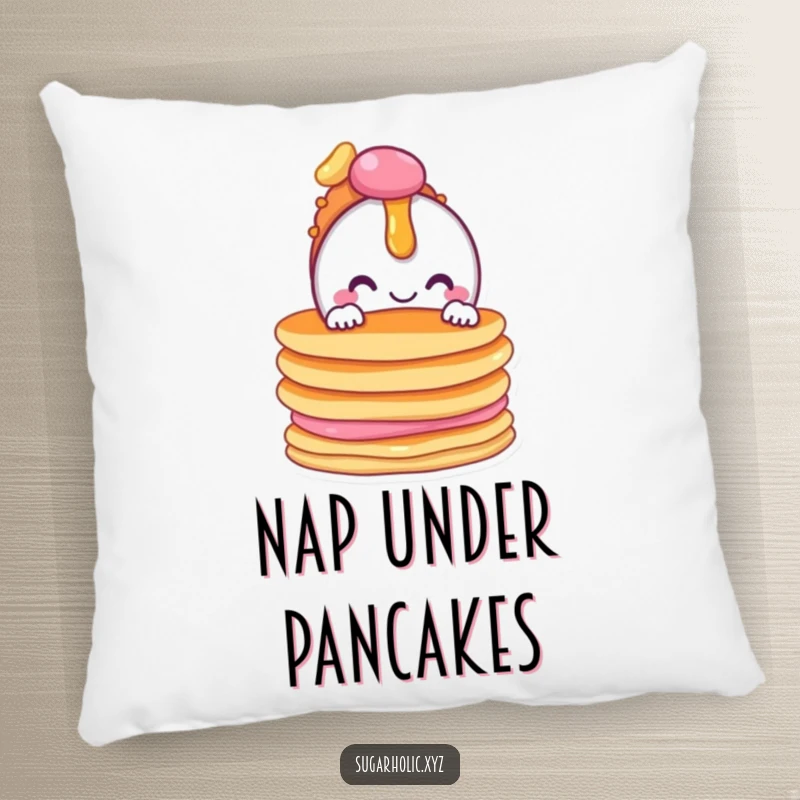 Funny pillow with a happy candy character peeking out from behind a stack of pancakes, perfect for sweet dreams.