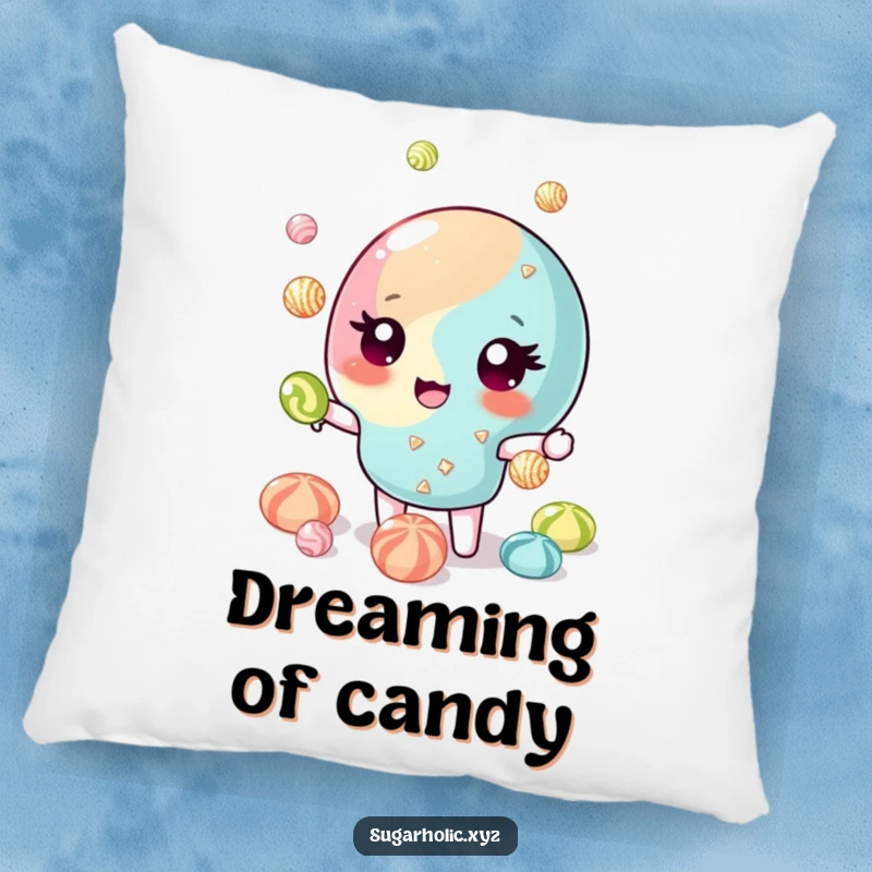 Funny Pillow: Winking candy piece juggling glittering candies, looking cute and talented. Ideal funny gift.