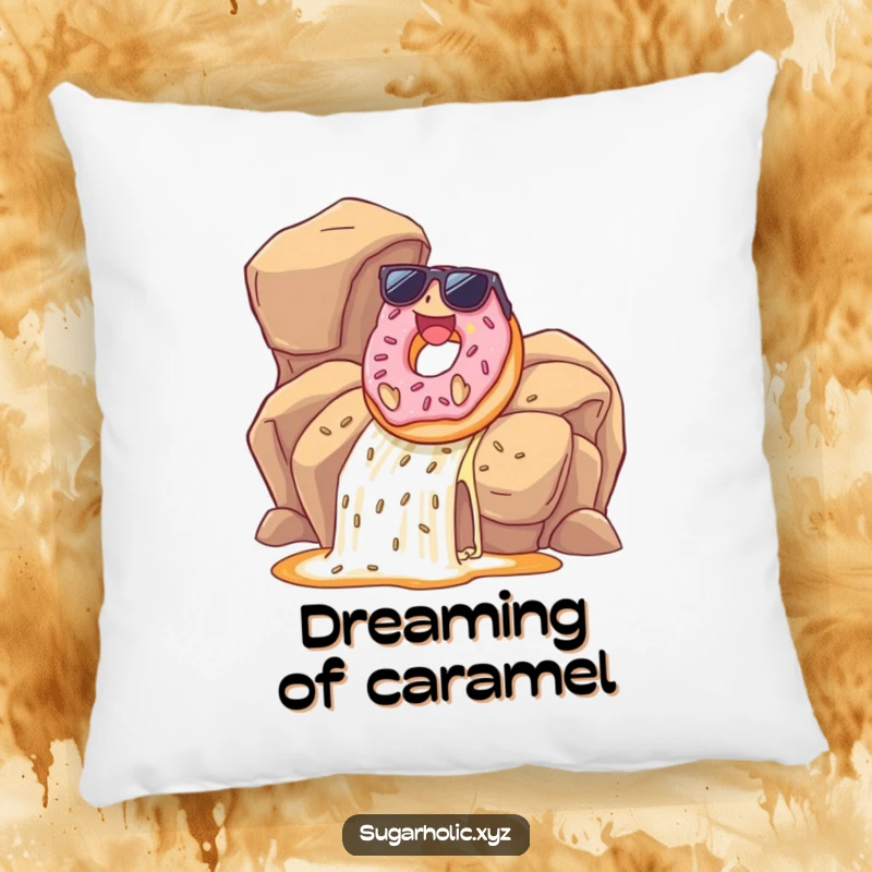 Funny donut with sunglasses sliding down a caramel waterfall on a pillow, offering a soft and humorous decorative touch.