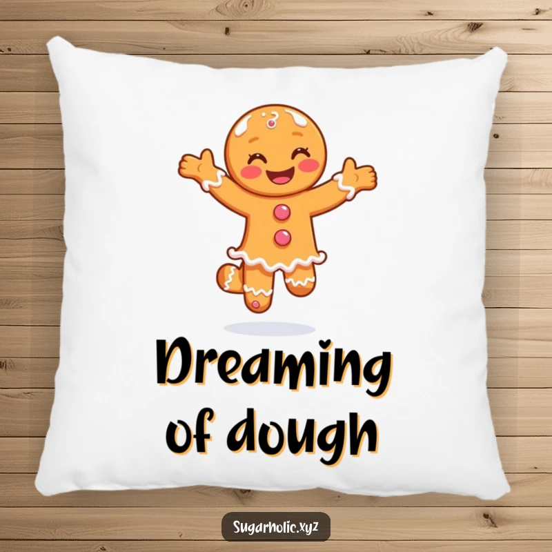 Funny pillow with a smiling gingerbread man doing a joyful pirouette in sugar, cozy and festive.