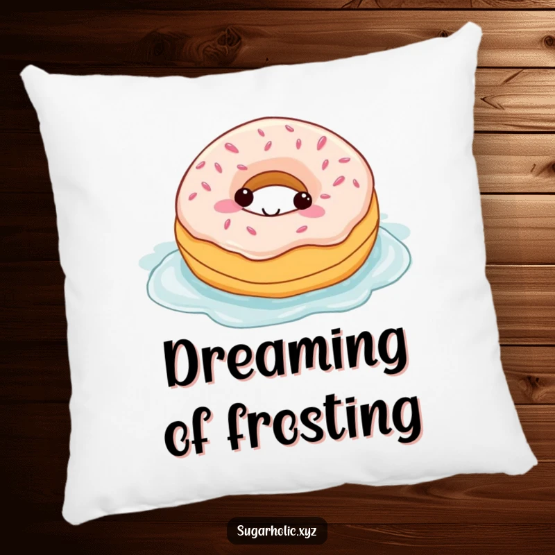 Funny pillow showcasing a contented donut character enjoying a swim in a generous pool of luscious frosting, offering comfort.