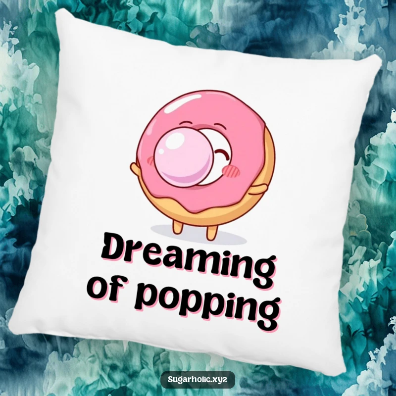Plush funny donut character, joyfully inflating a huge, transparent bubble gum bubble, adding comfort and humor.