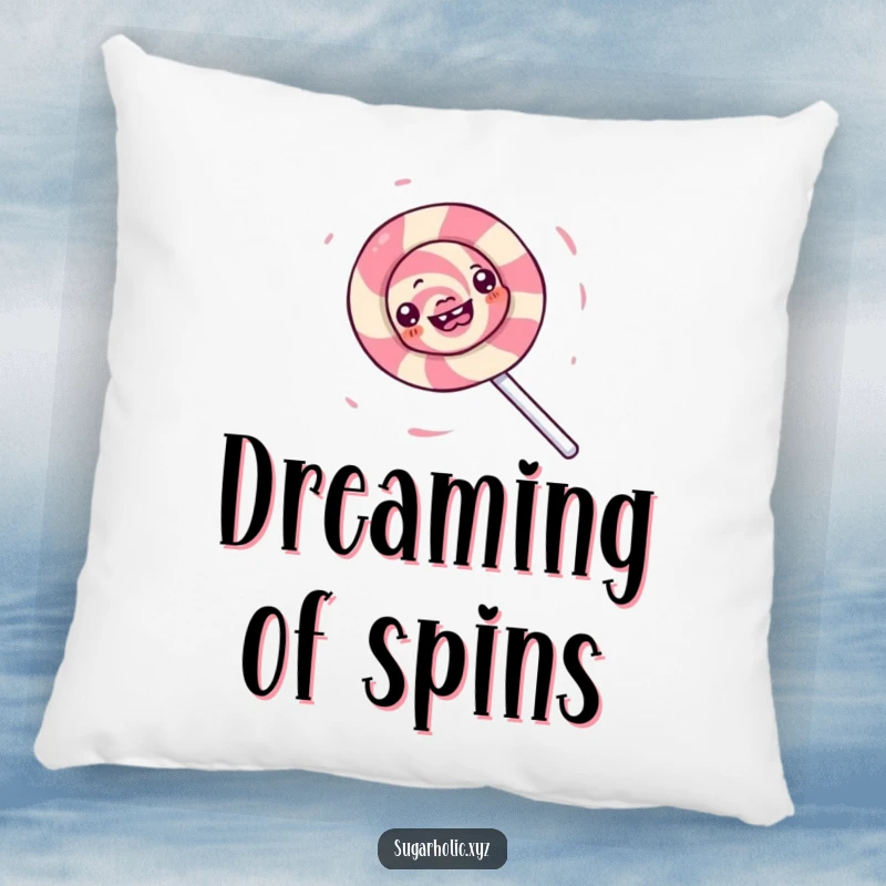 Funny pillow featuring a gleeful lollipop character spinning in a sugary whirlwind, offering comfort and a cheerful vibe.