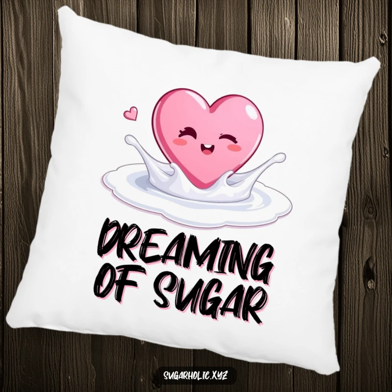 Funny pillow with a winking candy heart splashing in sugar, perfect for adding sweet charm.