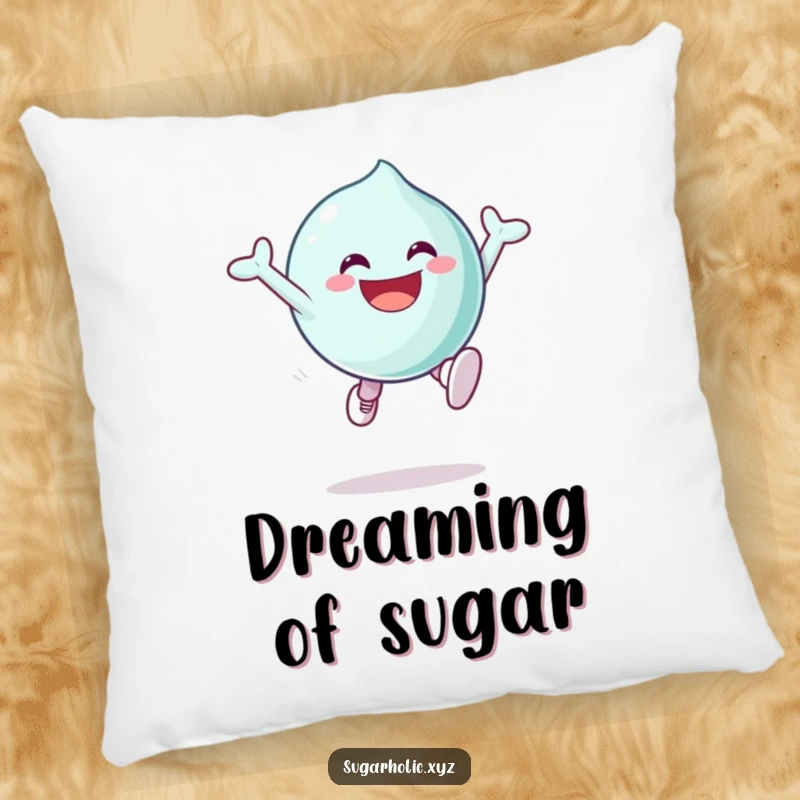 Funny Pillow showcasing a grinning candy character in a joyful, sugary excited leap, offering comfort and whimsical decor.