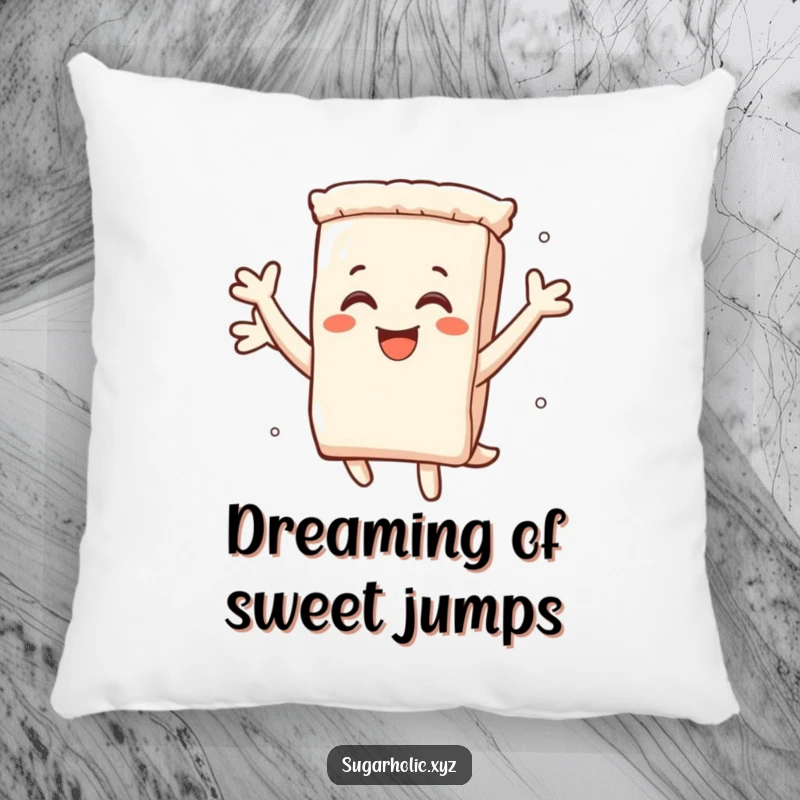 Funny pillow featuring a smiling sugar packet character leaping with pure delight, adding sweet comfort and cheer.