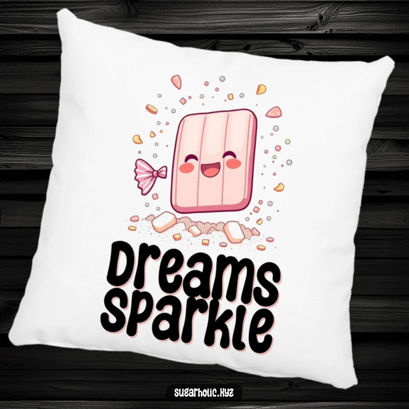 Funny whimsical candy bar shattering into sparkling sugar particles on a pillow, offering a soft and humorous decorative touch.