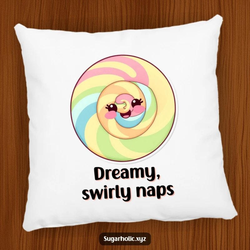 Funny pillow featuring a delighted candy swirl with a playful smile, offering soft comfort and cheerful decor.