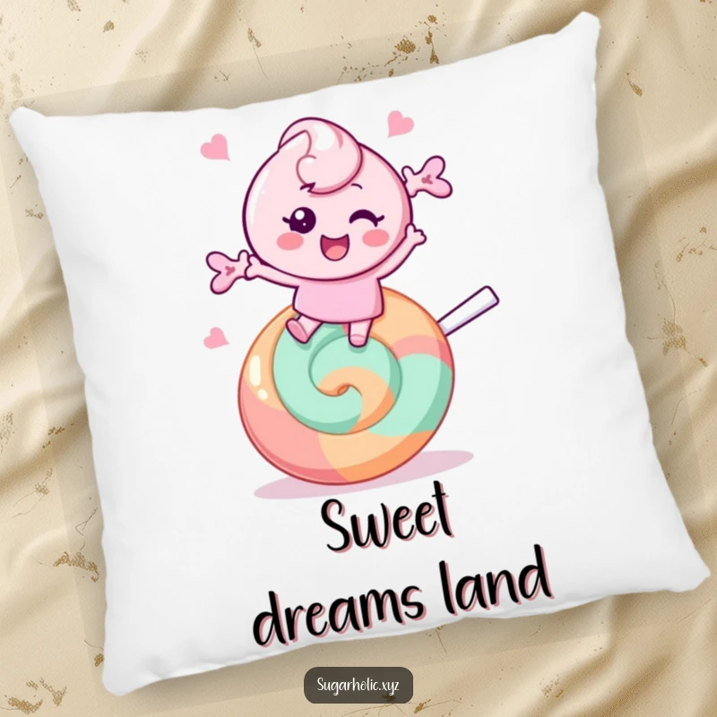 Funny Pillow: Cheerful candy character bounces on a giant lollipop, offering sweet comfort and playful vibes.