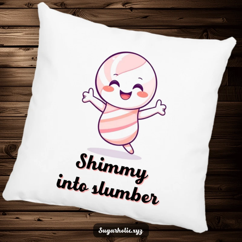 Funny candy cane pillow, smiling and shimmying joyfully, providing humorous and comfortable festive decor for gifts.