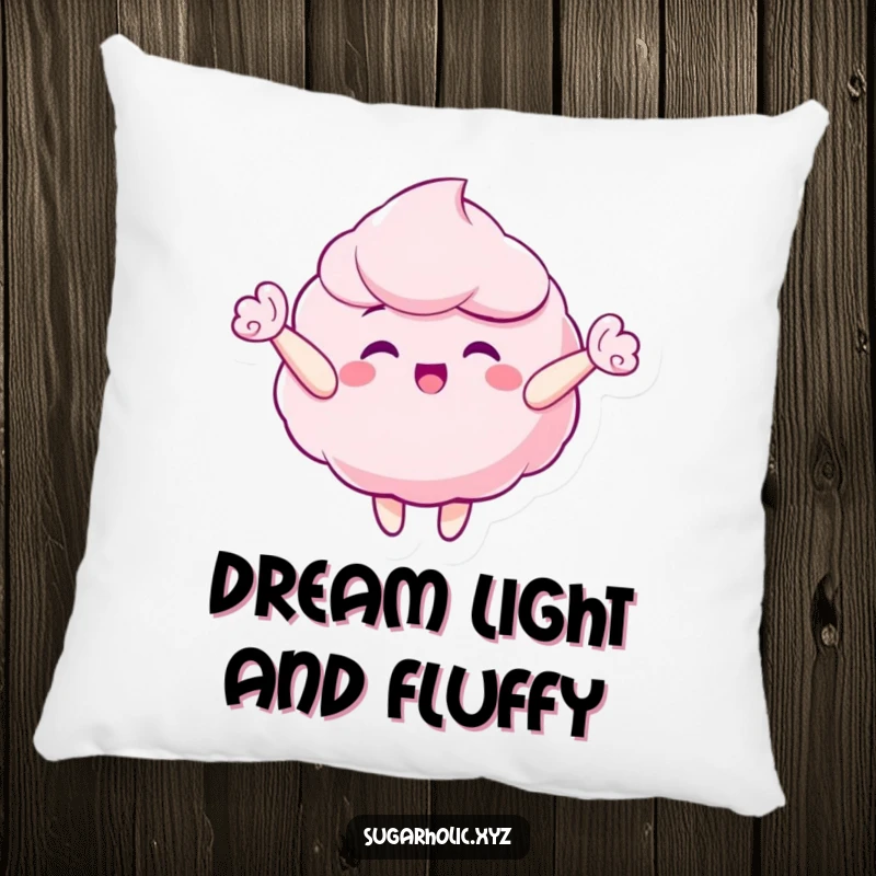 Funny pillow with a gleeful candy floss character floating happily upwards, perfect for sweet, dreamy comfort.