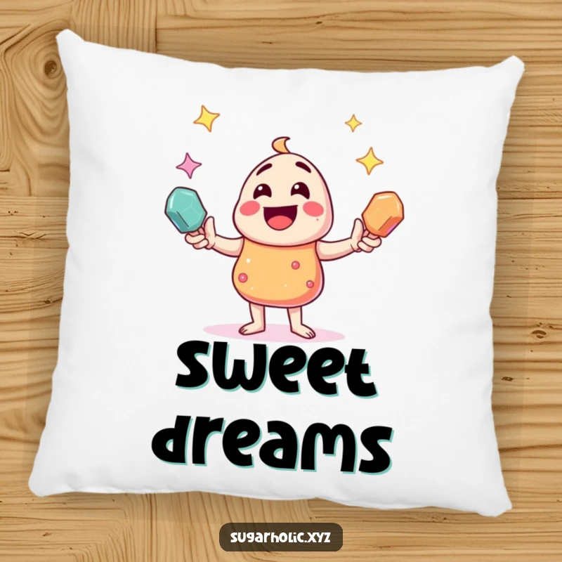 Funny candy character juggling sparkling rock candies, depicted as a soft, decorative pillow for a humorous and sweet touch.